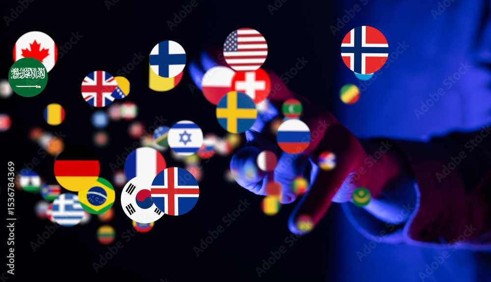 Poster Hand interacting with floating flags, symbolizing global connections and international communication.