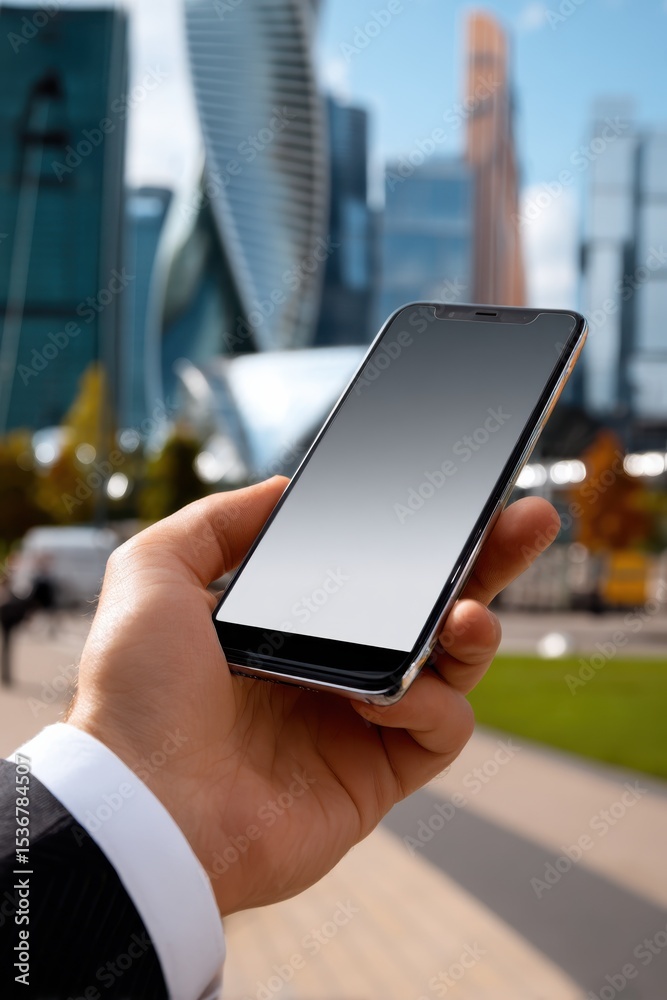 Poster man holding smartphone in financial district, representing mobile technology and business communicat