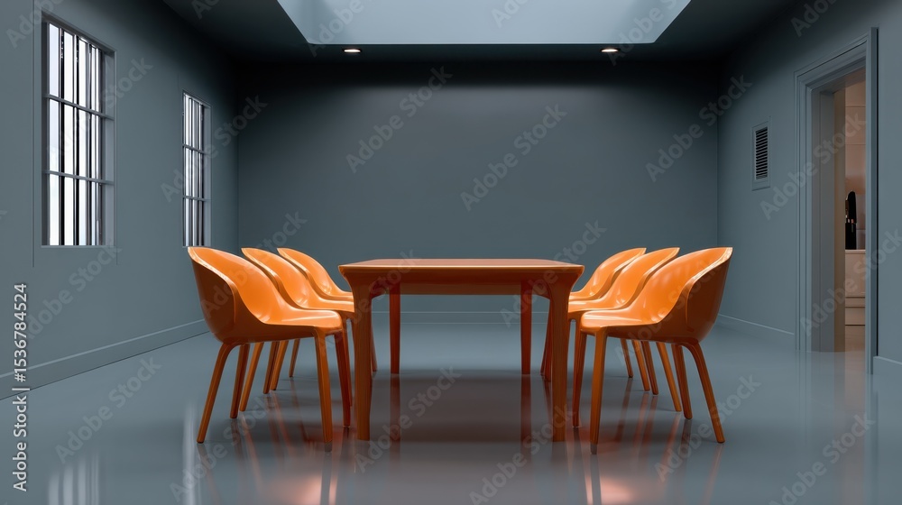 Aufkleber conference room with orange chairs around table, representing corporate collaboration and modern wor