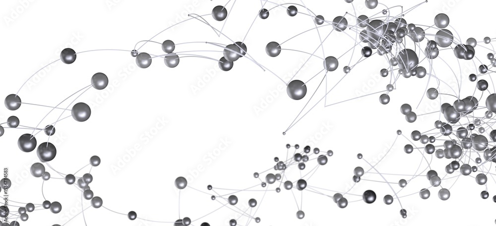 Poster abstract image of interconnected silver spheres representing network, connection, or technology.