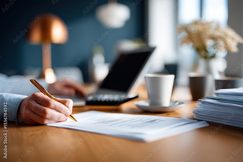 Poster man signing document at desk with laptop and coffee, representing contractual agreement and business
