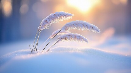 Winter grasses in the snow at sunrise