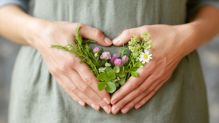 Young pregnant woman holding in hands a heart made of medicinal herbs in front of her belly. Digestive health concept