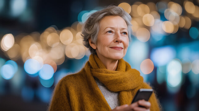 Senior woman using smartphone on city street to embrace technology