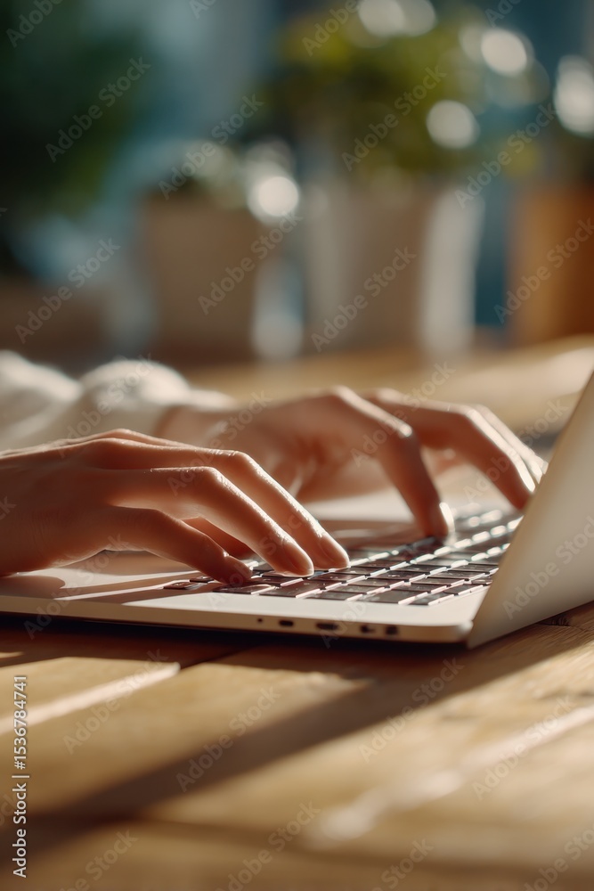 Poster close-up of hands typing on laptop in warm light, illustrating remote work and digital communication