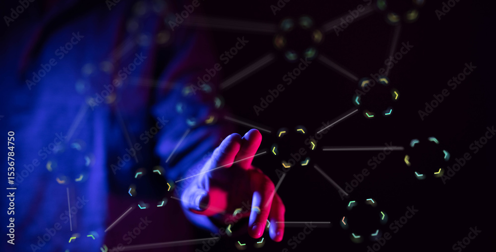 Poster abstract image of a hand interacting with a digital network. perfect for technology, connection, and