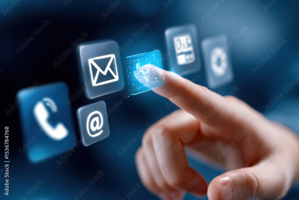 Poster finger tapping digital contact icons on screen, suggesting modern communication and customer service