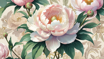 Photorealistic Oil Painting of Pink and White Peony Flowers with Lush Foliage

