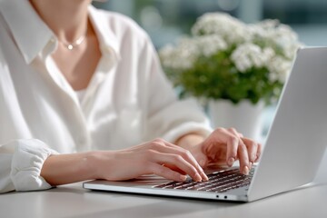 Naklejka premium Woman Typing on Laptop in Bright Office, Representing Remote Work and Digital Productivity for Business Solutions and Online Communication : Generative AI