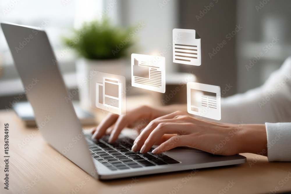 Aufkleber woman typing on laptop with floating document icons, representing digital transformation and online 