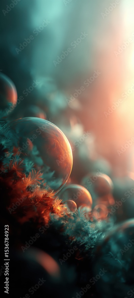 Poster abstract spheres reflecting light on foliage, evoking dreams and artificial intelligence innovation 