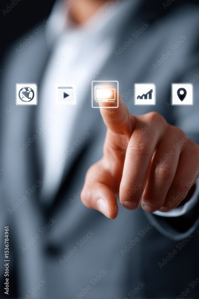 Poster man touching digital interface icons, symbolizing technology adoption and digital transformation in 