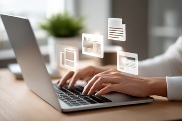 Woman Typing on Laptop With Floating Document Icons, Representing Digital Transformation and Online Communication in the Modern Workplace : Generative AI