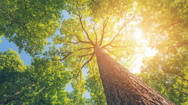 Nature conservation concept. A tall tree viewed from below with sunlight streaming through the bright green leaves in a vibrant forest setting. Selective focus.