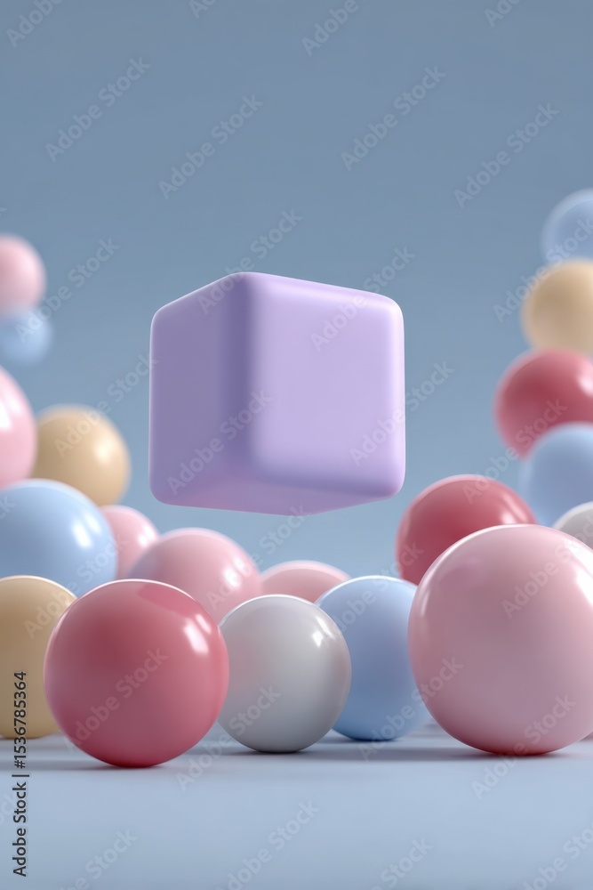 Poster Floating Lavender Cube Surrounded by Pastel Spheres, Representing Innovation and Abstract Problem Solving for Creative Marketing Campaigns : Generative AI