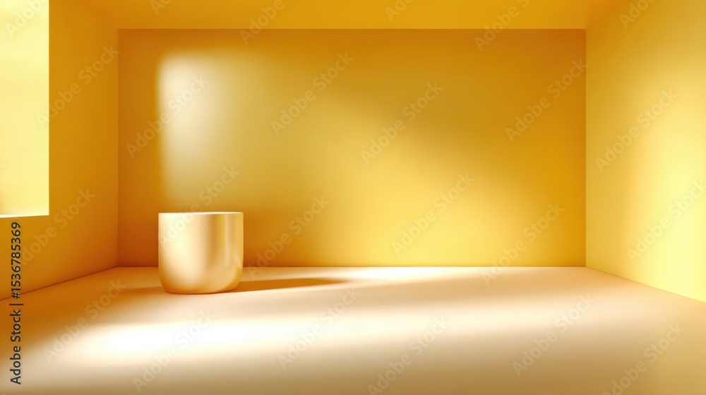 Poster golden cylinder in empty room with sunlight, representing minimalism and product showcase for market