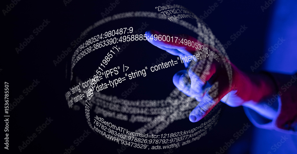 Aufkleber Futuristic image of a hand interacting with a digital sphere filled with code and data.