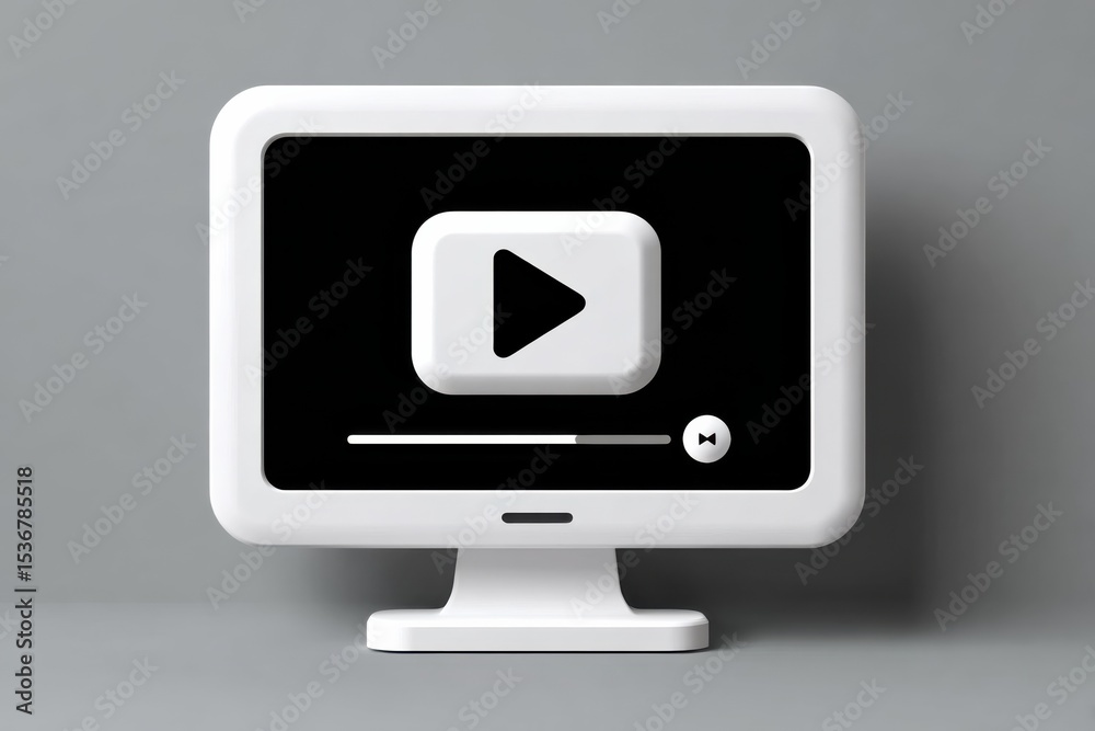 Poster White Monitor Displaying Play Button on Black Screen, Illustrating Digital Media and Online Entertainment : Generative AI