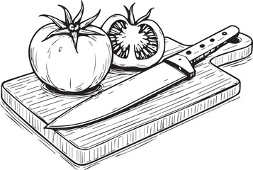 Tomato and Knife on a Wooden Board: A detailed illustration of a fresh tomato and a half-cut tomato next to a sharp knife, resting on a wooden cutting board.