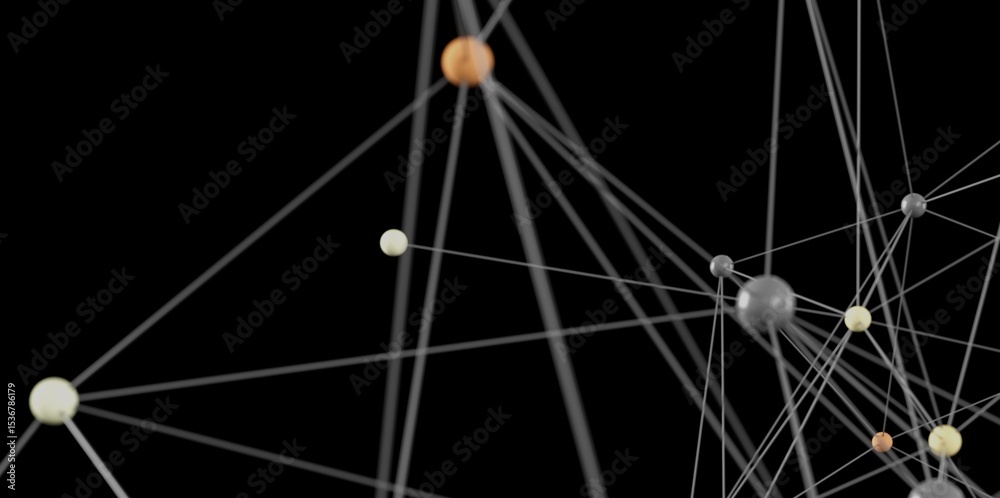 Poster Modern network visualization.  Connecting nodes, global network, data science.