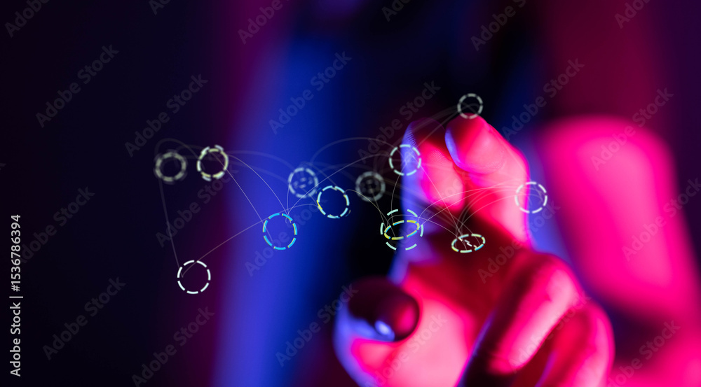 Poster Abstract image of hand interacting with a digital network.  Perfect for tech, innovation, and connection concepts.