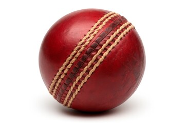 Red cricket ball displayed on a plain background highlighting its unique stitching and texture