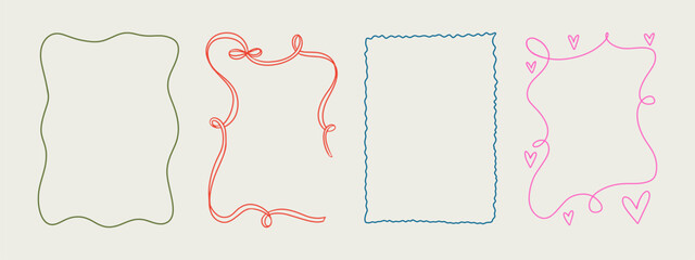 Set of elegant whimsical hand-drawn pink blue orange green color frames with wavy squiggle curly ribbons in trendy, vintage styles. Perfect for quirky holiday, wedding, birthday gift decorations