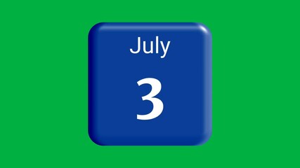 Blue calendar July date 1 to 10 animation video isolated on green background