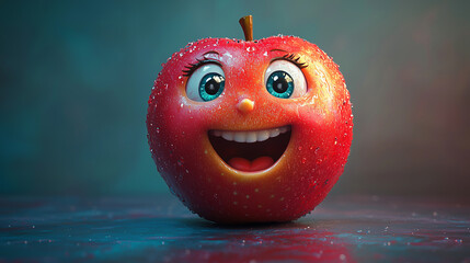 Happy red apple character with a shiny surface in soft light