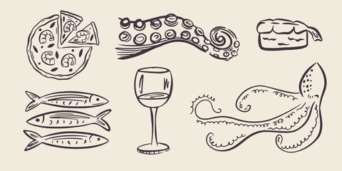 Whimsical hand drawn sea food illustrations in trendy whimsical style. Perfect doodle for quirky italian wedding holiday, poster, dinner and bar menu, bachelorette party, birthday invitation, sign