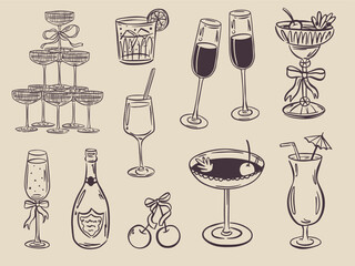 Whimsical hand drawn bar menu illustrations in trendy whimsical style. Perfect doodle for quirky italian wedding holiday, poster, dinner and bar menu, bachelorette party, birthday invitation, sign.