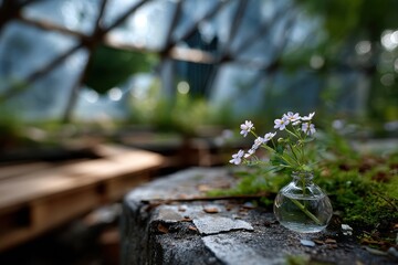 A tiny bouquet of flowers captured in a glass vessel, showcasing the intricate beauty of nature and the delicate balance between fragility and resilience.