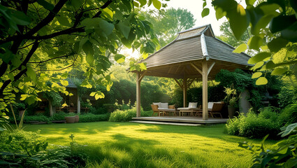 Tranquil Garden with Sunlit Gazebo and Lush Green Foliage

