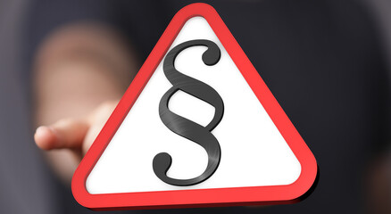 3D rendering of a hand presenting a red triangle warning sign with a paragraph symbol.  Ideal for...