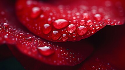 Close-up view of a red rose petal covered in water droplets