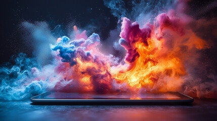 Colorful smoke and vapor emerging from a tablet on a dark background