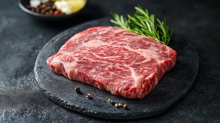 Raw Ribeye Steak on Black Stone Board with Rosemary