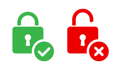 Lock, unlock icon with tick and cross. Yes, no mark closed and open padlock symbol. Security privacy vector illustration