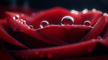 Close-up of a vibrant red rose petal with dew drops
