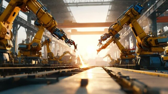 Industrial Robotics in Action at Sunset with Advanced Automation Technology in Manufacturing Facility
