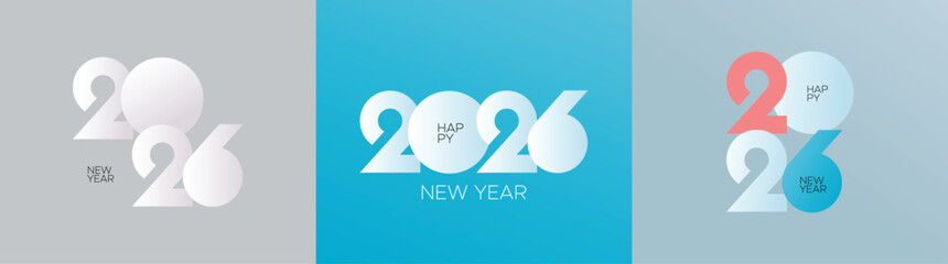 Clean and modern 2026 New Year logos featuring overlapping numerals in white, blue, and coral tones with minimalist layouts and gradients, perfect for holiday greetings or seasonal branding