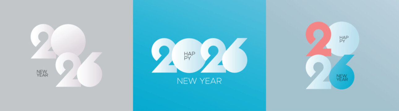 Clean and modern 2026 New Year logos featuring overlapping numerals in white, blue, and coral tones with minimalist layouts and gradients, perfect for holiday greetings or seasonal branding