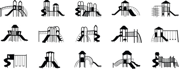 Set of playground equipment silhouettes with slides, ladders, towers, swings for kids, black isolated icons on white background