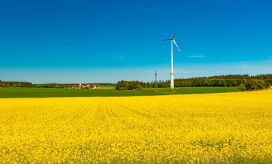 Spring landscape with a wind power plant and yellow rapeseed fields near Bitz, Denkendorf, Eichstaett, Bavaria, Germany