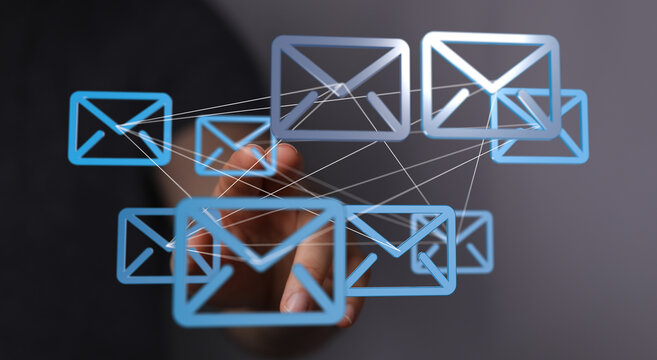 Interconnected email icons represent global communication and networking.