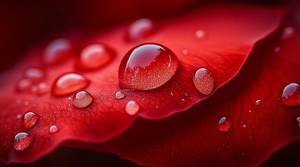 Dewdrops on a vibrant red rose petal
