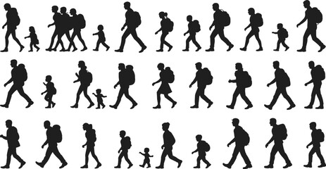 Silhouette of diverse family group walking together, parents and children traveling with backpacks, isolated on white background, symbol of migration journey