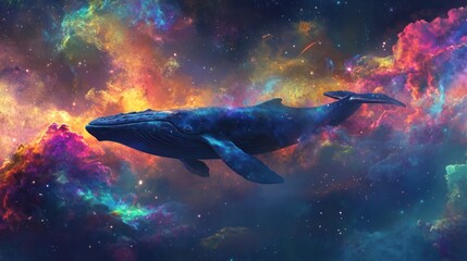 A whale swims through colorful cosmic clouds, a dreamy, ethereal space illustration
