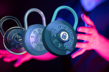 Secure your digital assets.  Combination locks represent data encryption and online safety.