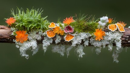 Vibrant Fungi and Moss on Forest Branch